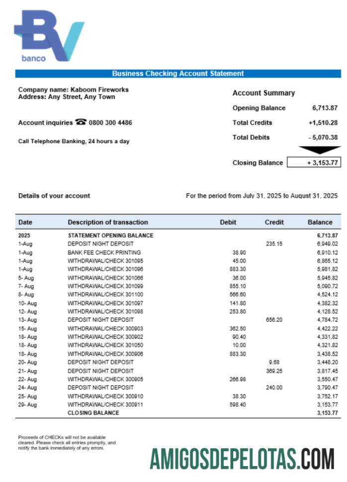 Imprimível Banco Votorantim Enterprise Account Statement Word And PDF modelo